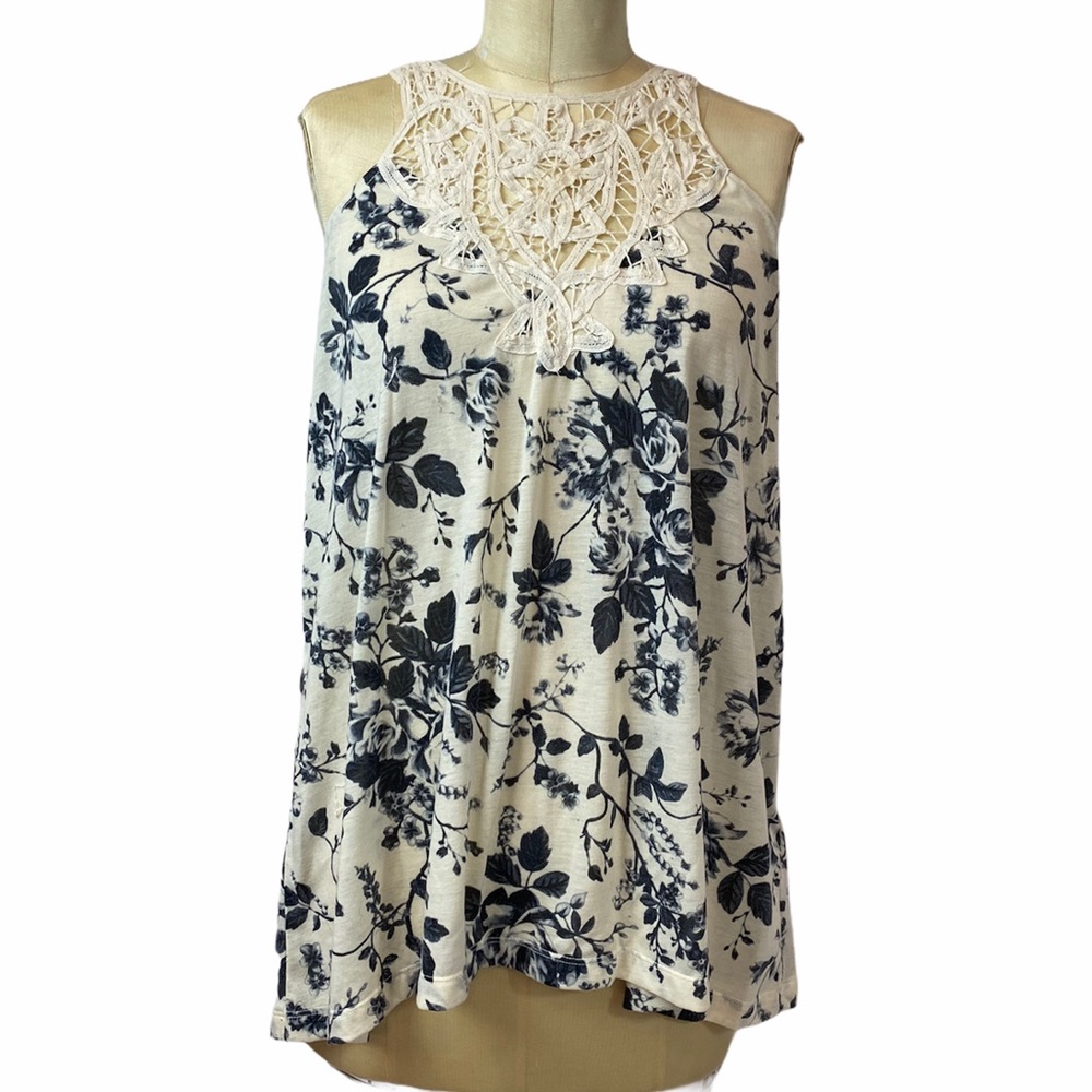 Cream & Gray Floral Tank Top Lace Detail Boho L